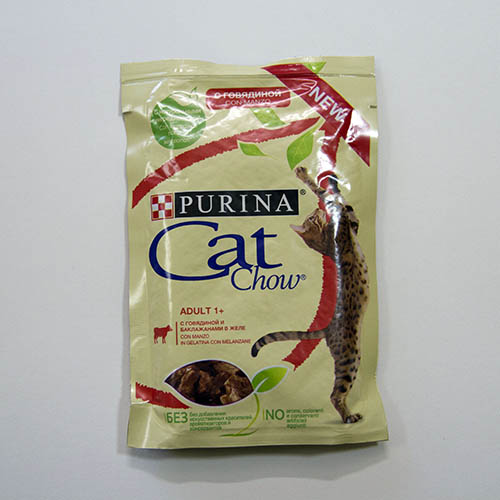 Корм Cat Chow для взрослых кошек с говядиной и баклажанами в желе, уп. 85 г